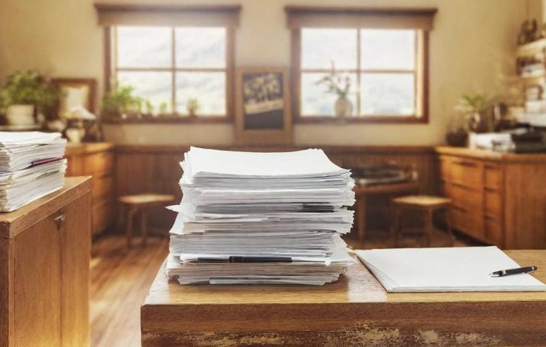 Recursos gratis para todos los cliente y agricultores premium e hidroponía Escritorio de madera con pilas de papeles en una habitación iluminada por ventanas.